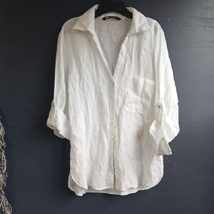 Zara White Linen Womens Button Down  Shirt Size Medium